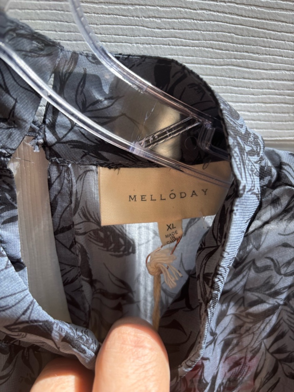 Melloday Sheer Lined Bluish/Gray Mock-neck Top w/ Black Floral, Size XL, NWT - Picture 2 of 4
